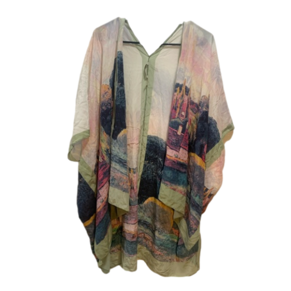 artistic cardigan| scenic flowing cardigan| lightweight pastel cover| tunic